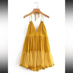 Mesh Ruffled Halter dress, Mustard color